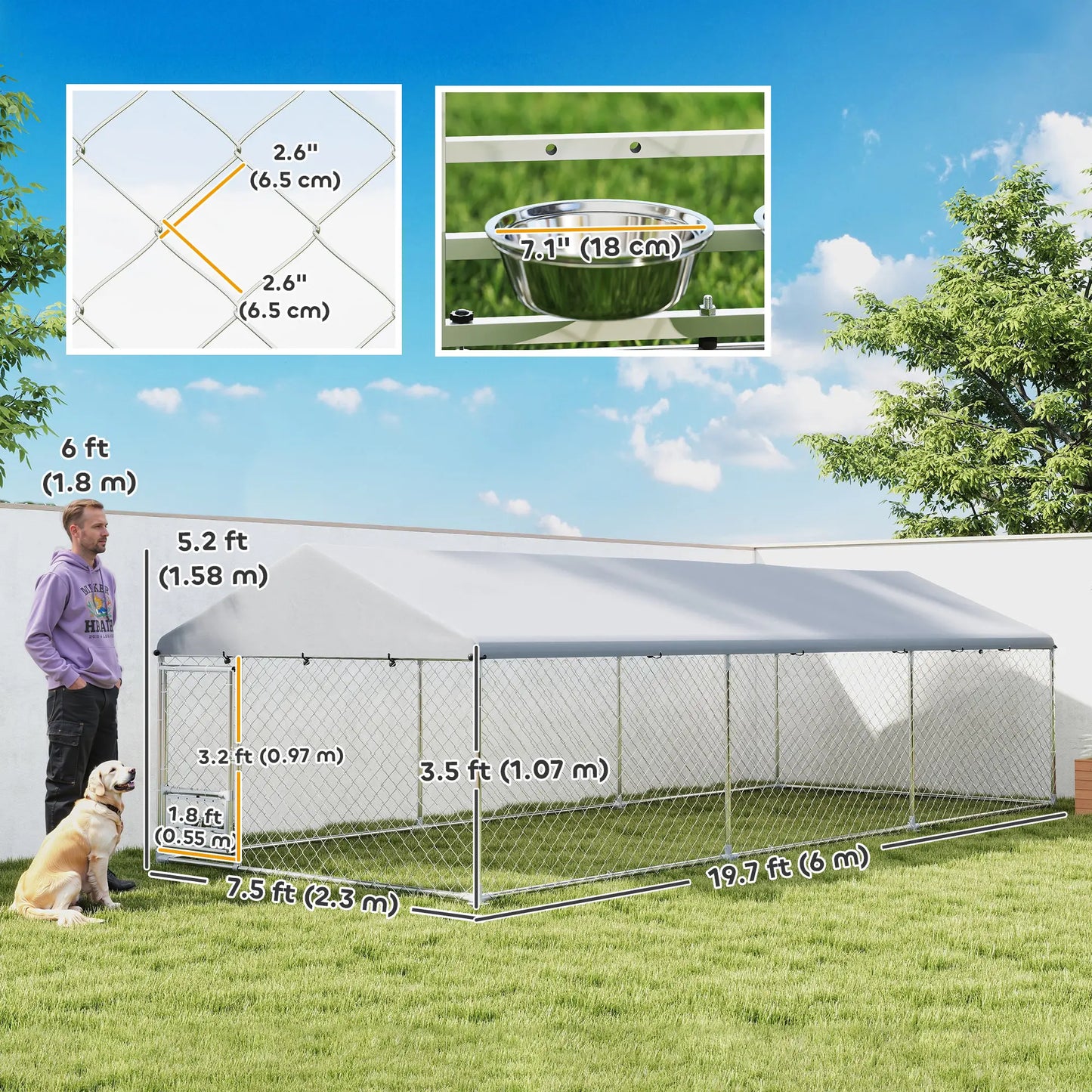 Outdoor Dog Run, Adjustable Rotating Bowls, Waterproof Cover, 19.7' x 7.5' x 5.2' Houses, Kennels & Pens at Gallery Canada