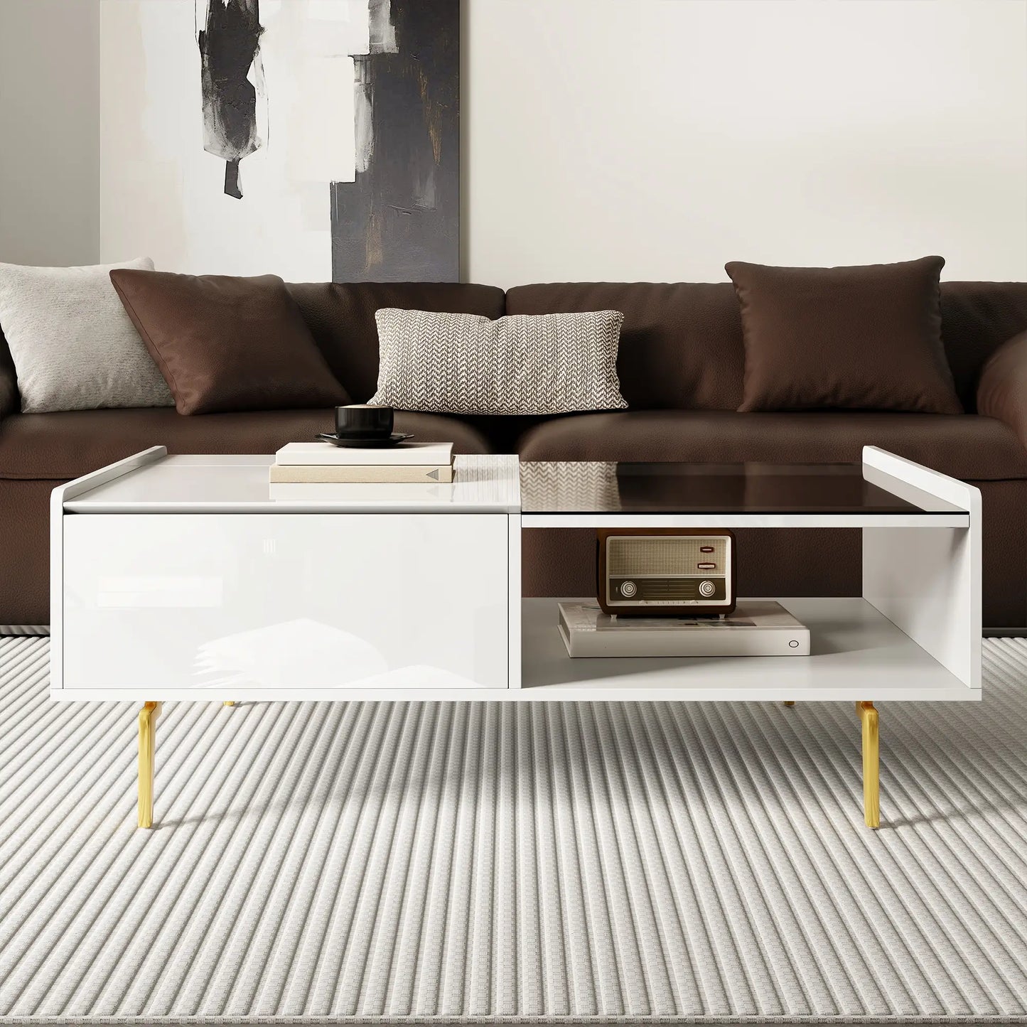 LED Coffee Table, Glass Top with Storage, 43.5" L x 21.5" W x 15.5" H, White Coffee Tables at Gallery Canada