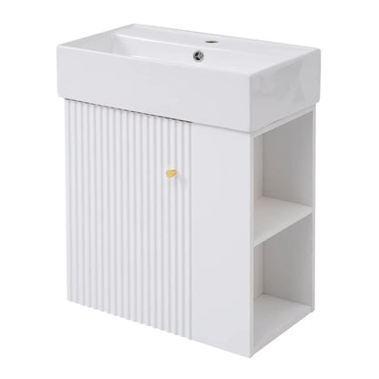 Floating Bathroom Vanity, Ceramic Basin, Right Storage, Rose Gold Handle, 21.5" L x 12" W x 26.5" H, White Sink Cabinets White at Gallery Canada