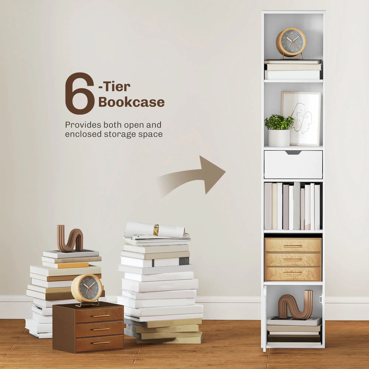 6-Tier Bookcase, Tall Narrow Bookshelf with Drawer and Door, White Display Bookshelves at Gallery Canada