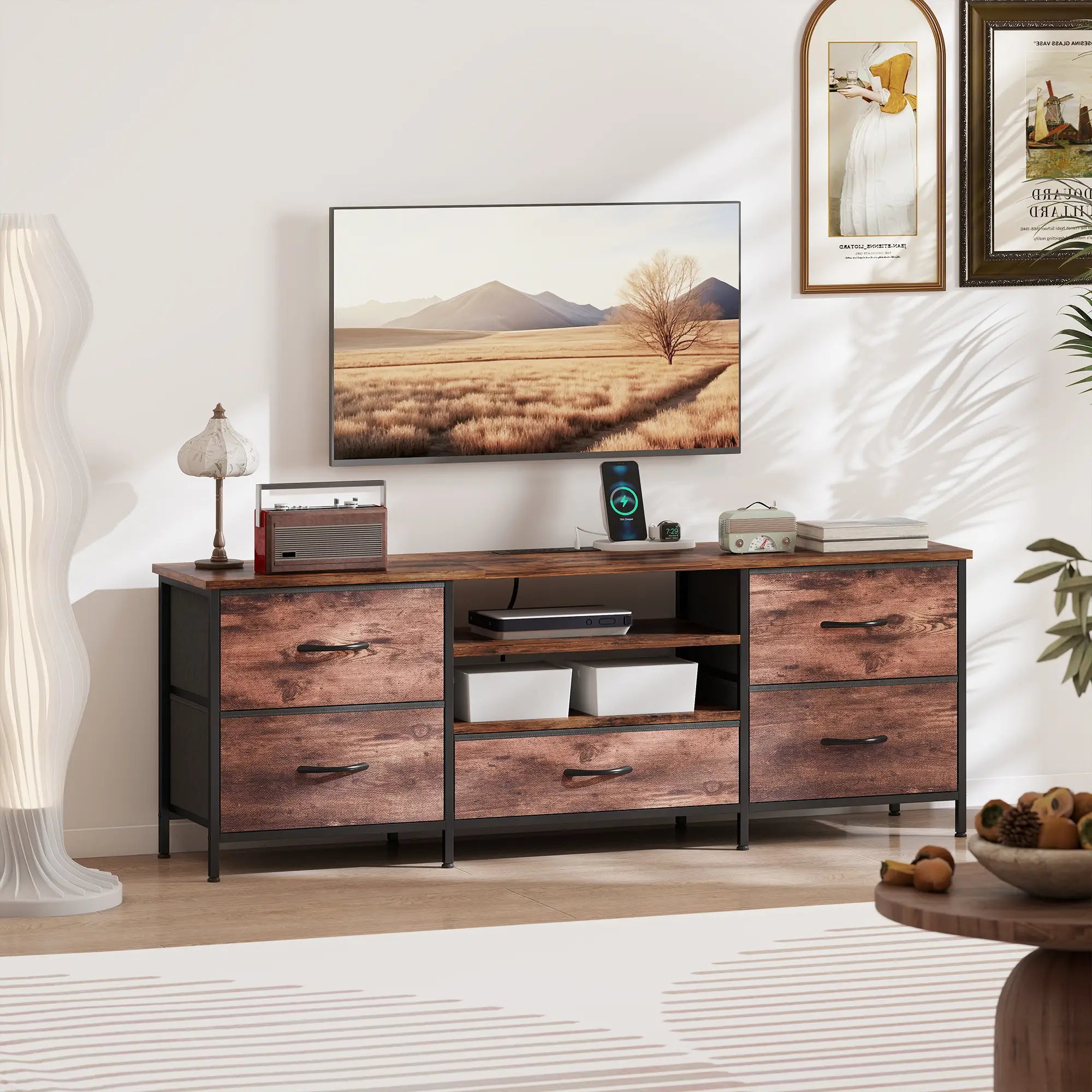 TV Stand For 65 Inch TVs, Industrial Console With Charging Station, 5 Drawers, Rustic Brown TV Stands at Gallery Canada