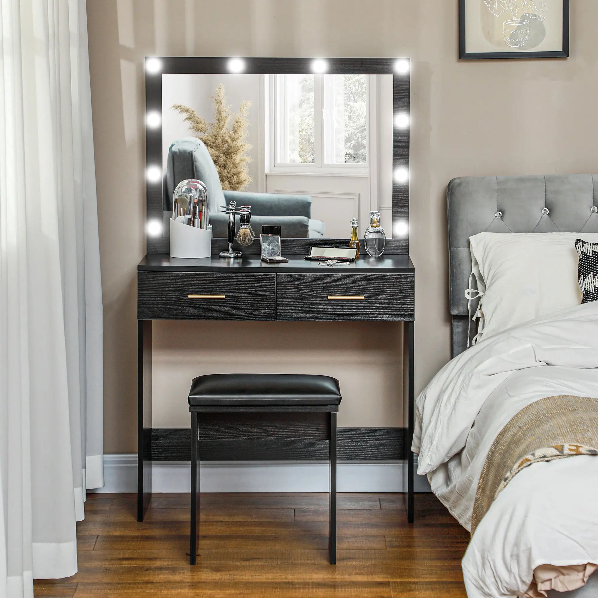 Makeup Vanity Desk Set with Stool, LED Mirror, Drawers, Black Dressing & Vanity Tables at Gallery Canada