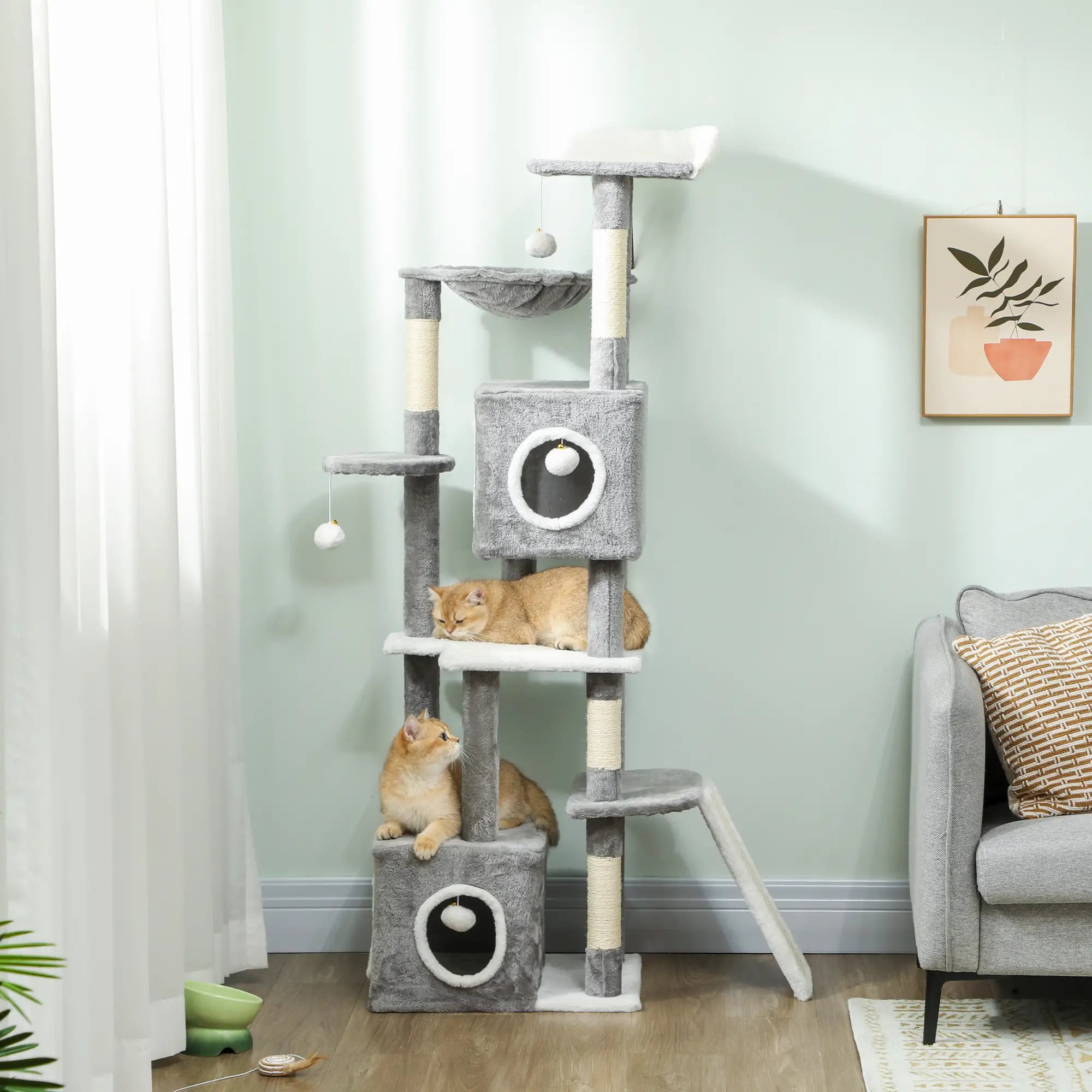 65 Inch Cat Tree, 2 Doors Condos, Plush Perch, Hammock, Grey Cat Towers at Gallery Canada