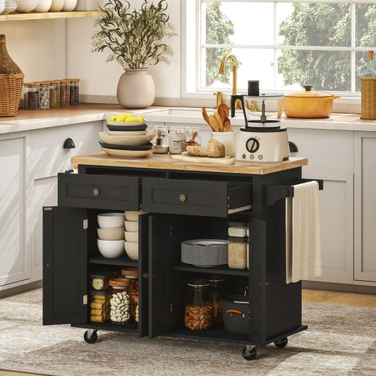 Kitchen Island with Storage, Rolling Trolley Cart with Rubber Wood Top, Spice Rack, Towel Rack, Black Kitchen Islands & Kitchen Carts Black at Gallery Canada