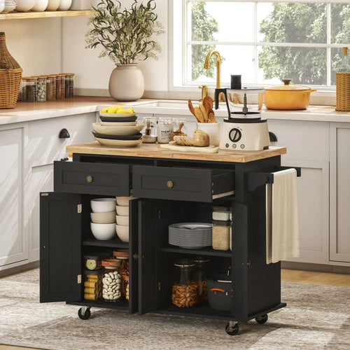 Kitchen Island with Storage, Rolling Trolley Cart with Rubber Wood Top, Spice Rack, Towel Rack, Black