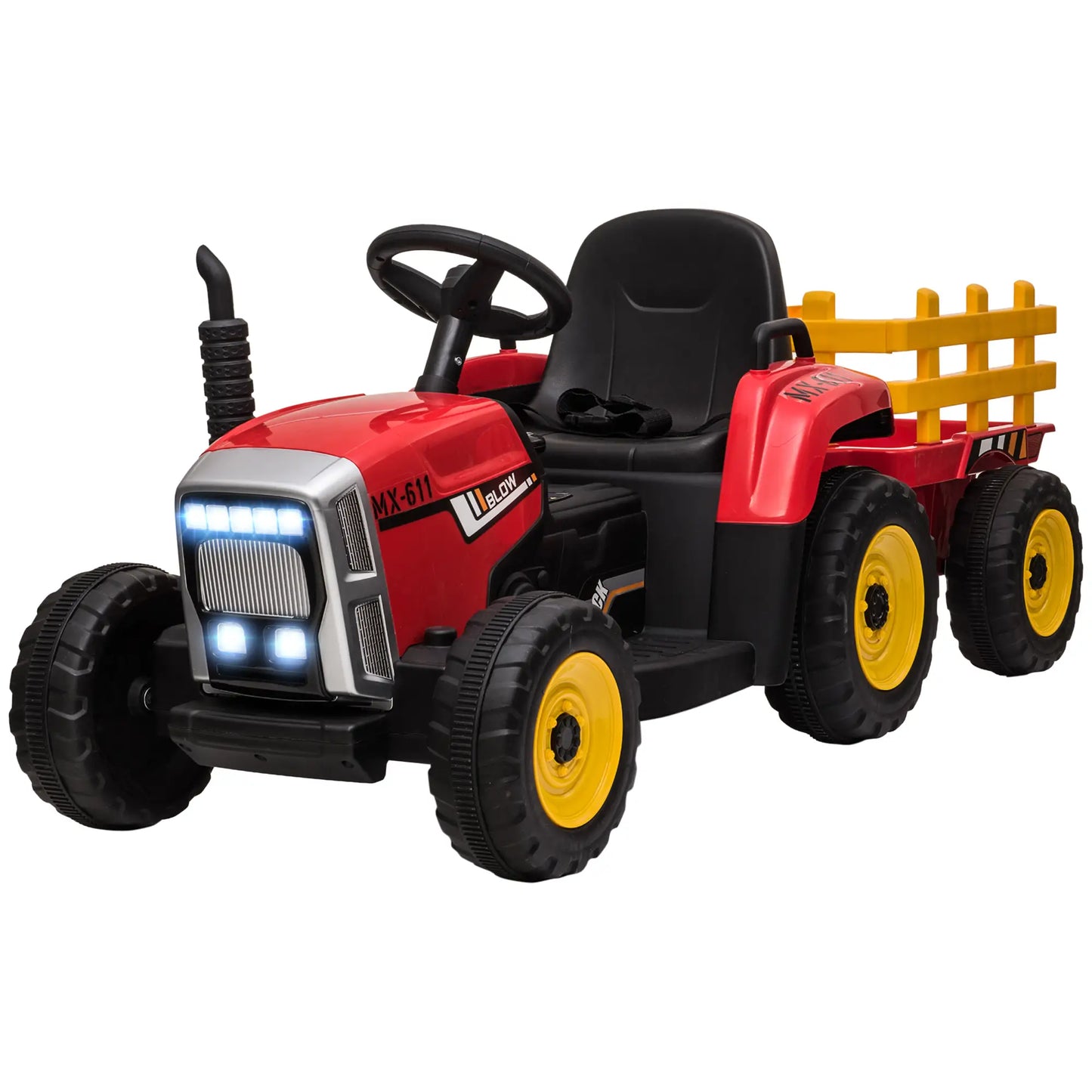 12V Kids Ride on Tractor with Trailer, Remote Control, Music, Horn, USB, LED Lights, Red Electric Toy Cars Red, Grey, Black at Gallery Canada