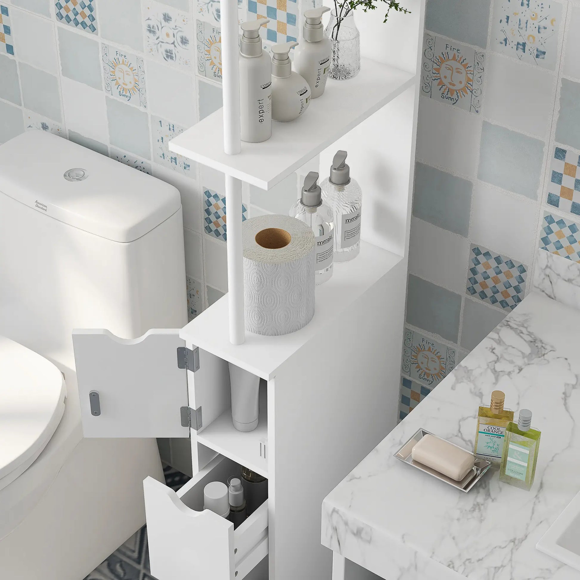 Tall Narrow Bathroom Storage Cabinet, Drawers and Open Shelves, White Bathroom Cabinets at Gallery Canada