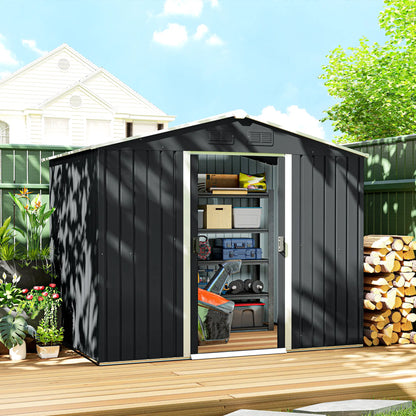 8' x 6' Outdoor Storage Shed, Metal Garden Tool House, Lockable Doors, Charcoal Grey Sheds at Gallery Canada