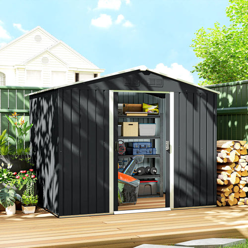 8' x 6' Outdoor Storage Shed, Metal Garden Tool House, Lockable Doors, Charcoal Grey