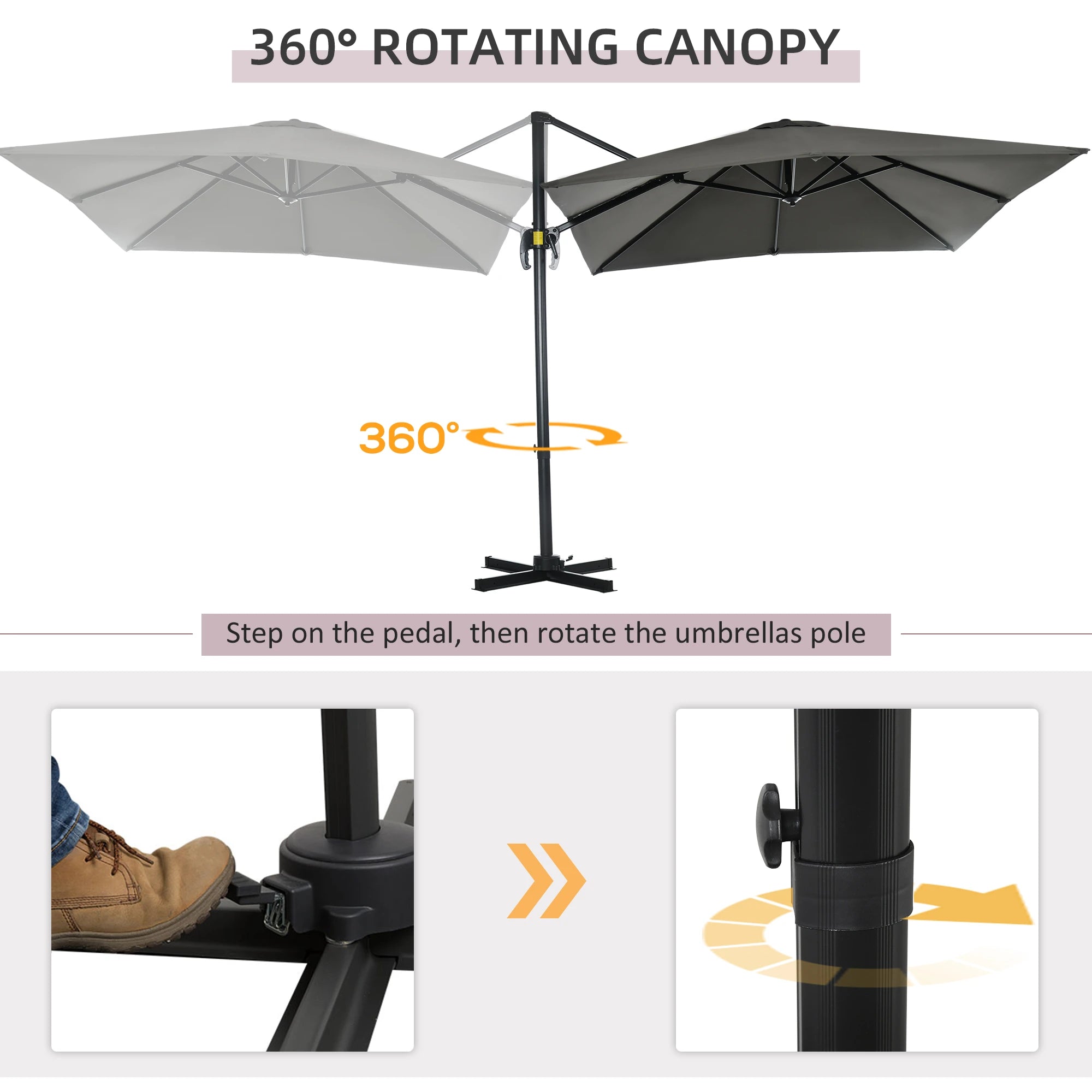 8' x 8' Square Patio Umbrella, 360° Rotation, Aluminum Cantilever, Grey Cantilever Umbrellas at Gallery Canada