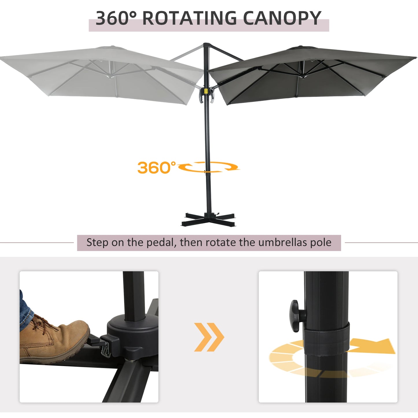 8' x 8' Square Patio Umbrella, 360° Rotation, Aluminum Cantilever, Grey Cantilever Umbrellas at Gallery Canada