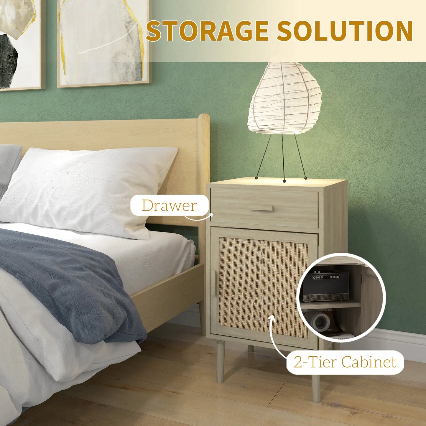 Boho Bedside Tables Set of 2, Nightstands with Drawer, Rattan Cabinet, Oak Bedside Tables at Gallery Canada