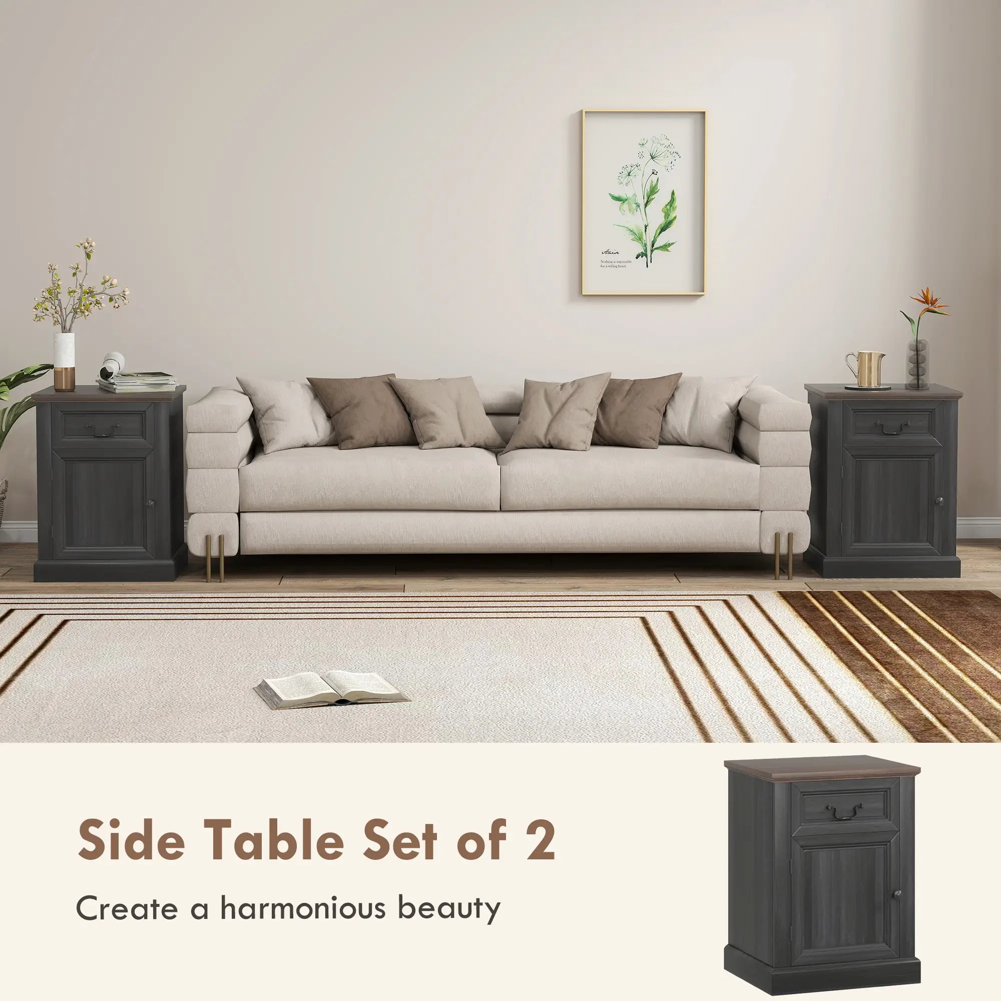 Side Table Set of 2 with Drawer and Cabinet, Black Side Tables at Gallery Canada