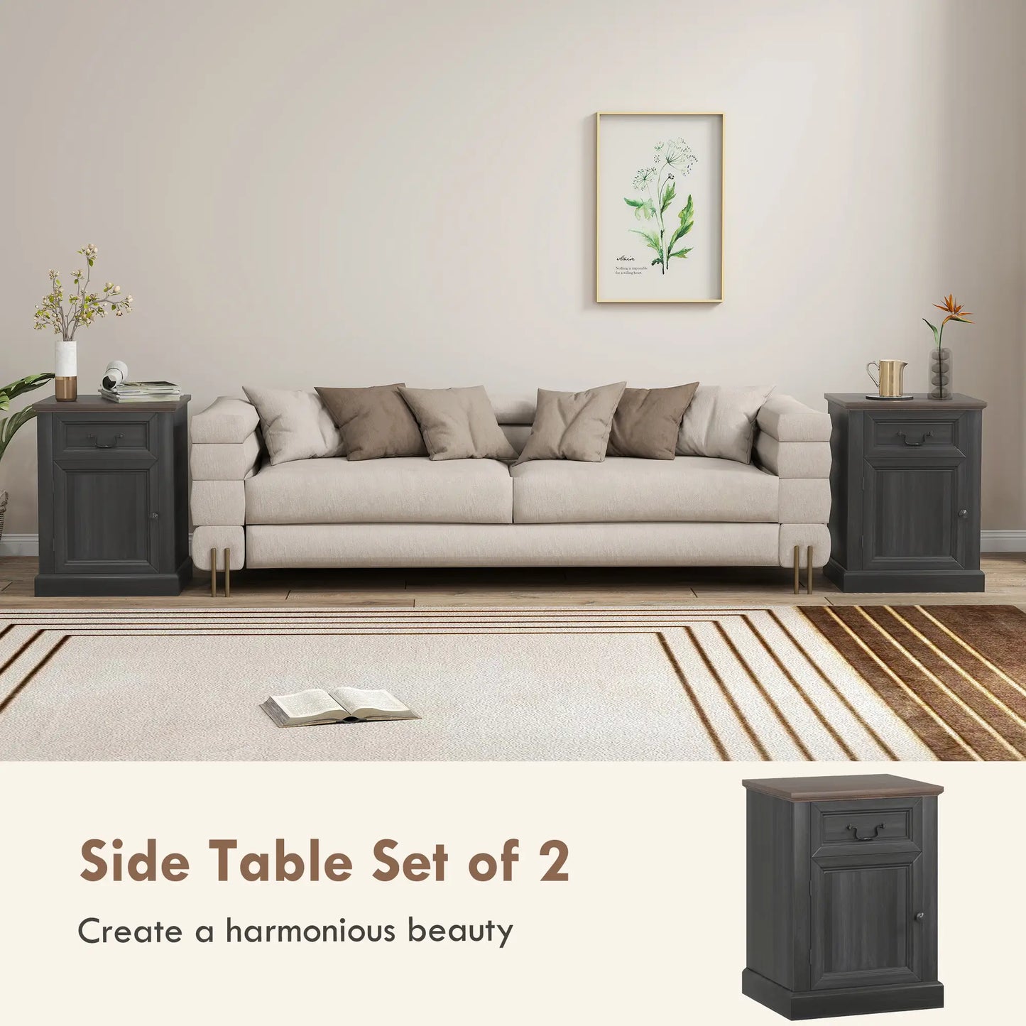 Side Table Set of 2 with Drawer and Cabinet, Black Side Tables at Gallery Canada