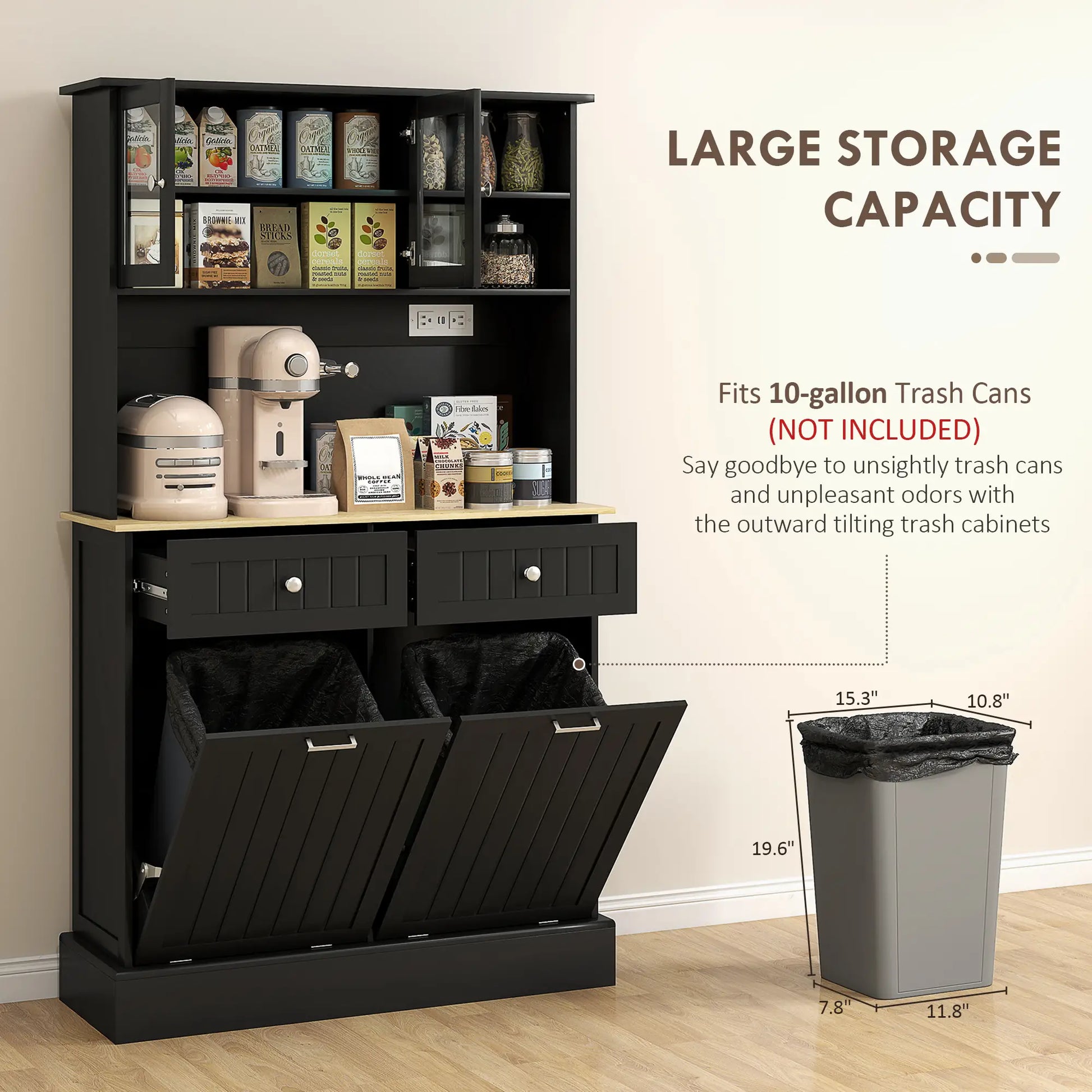 Kitchen Cabinet with Charging Station, 2 Tilt Out Cabinets, Microwave Stand, Black Kitchen Pantry Cabinets at Gallery Canada