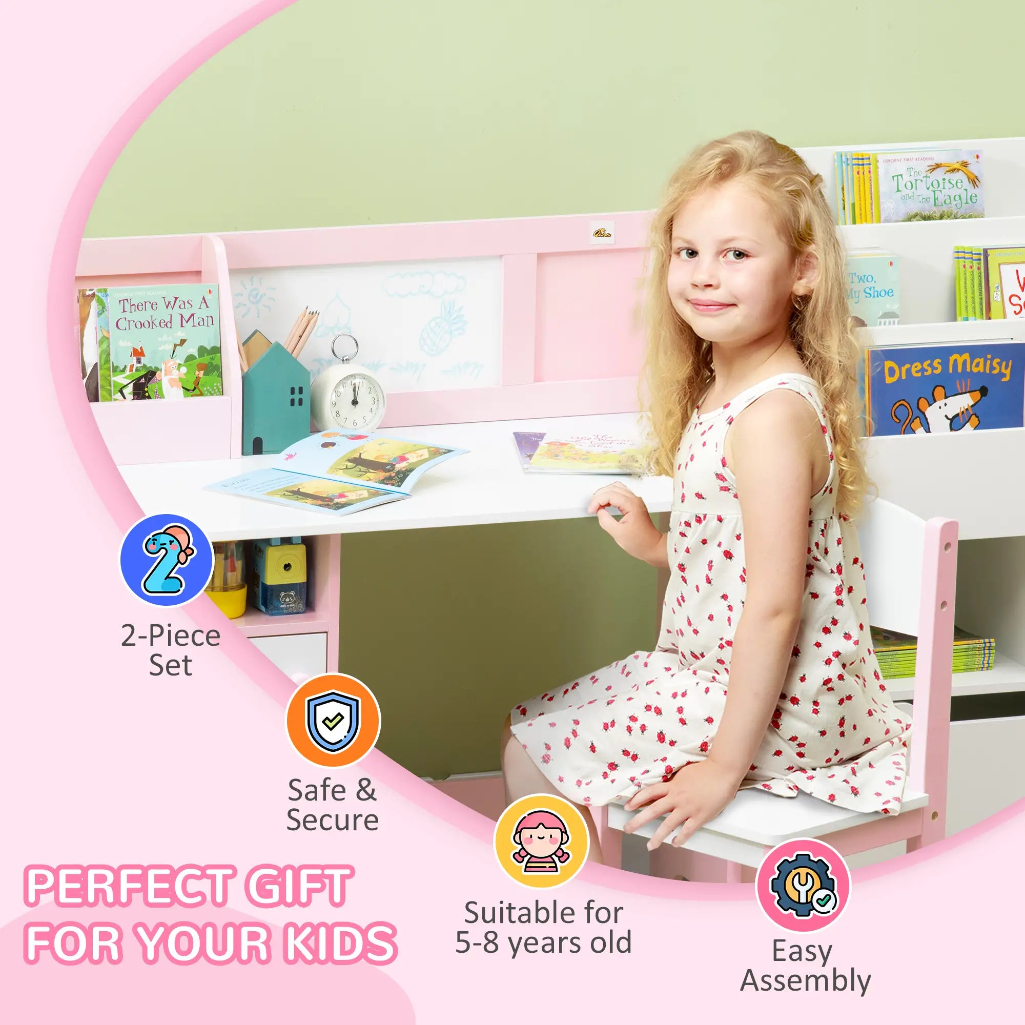Kids Desk and Chair Set, 2Pcs, Whiteboard, Storage, Shelves, Pink Kids Table Sets at Gallery Canada