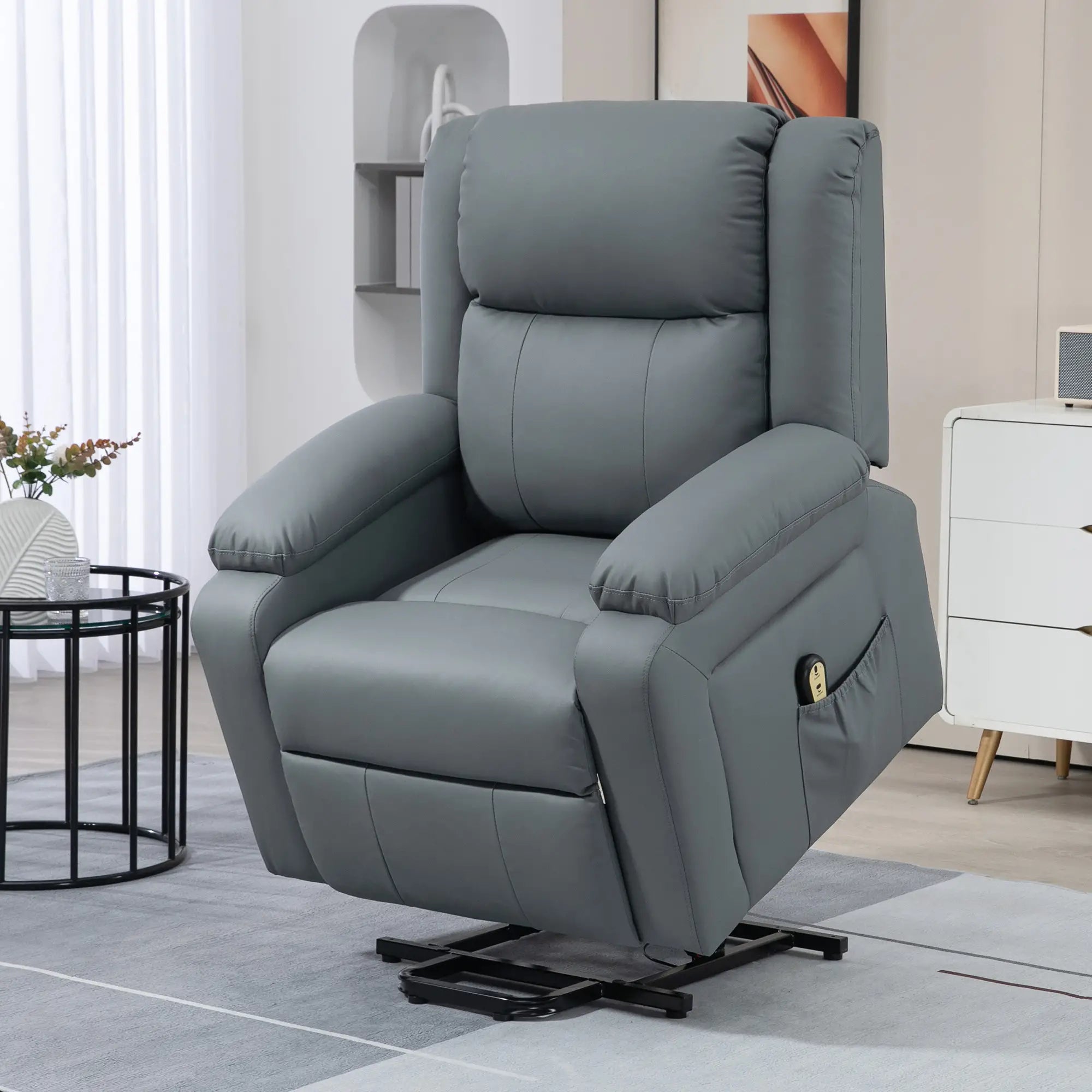 Electric Recliner Chair, PU Leather, Remote, Side Pockets, Grey Electric Power Lift Chairs at Gallery Canada