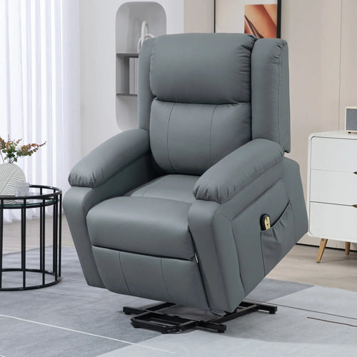 Electric Recliner Chair, PU Leather, Remote, Side Pockets, Grey