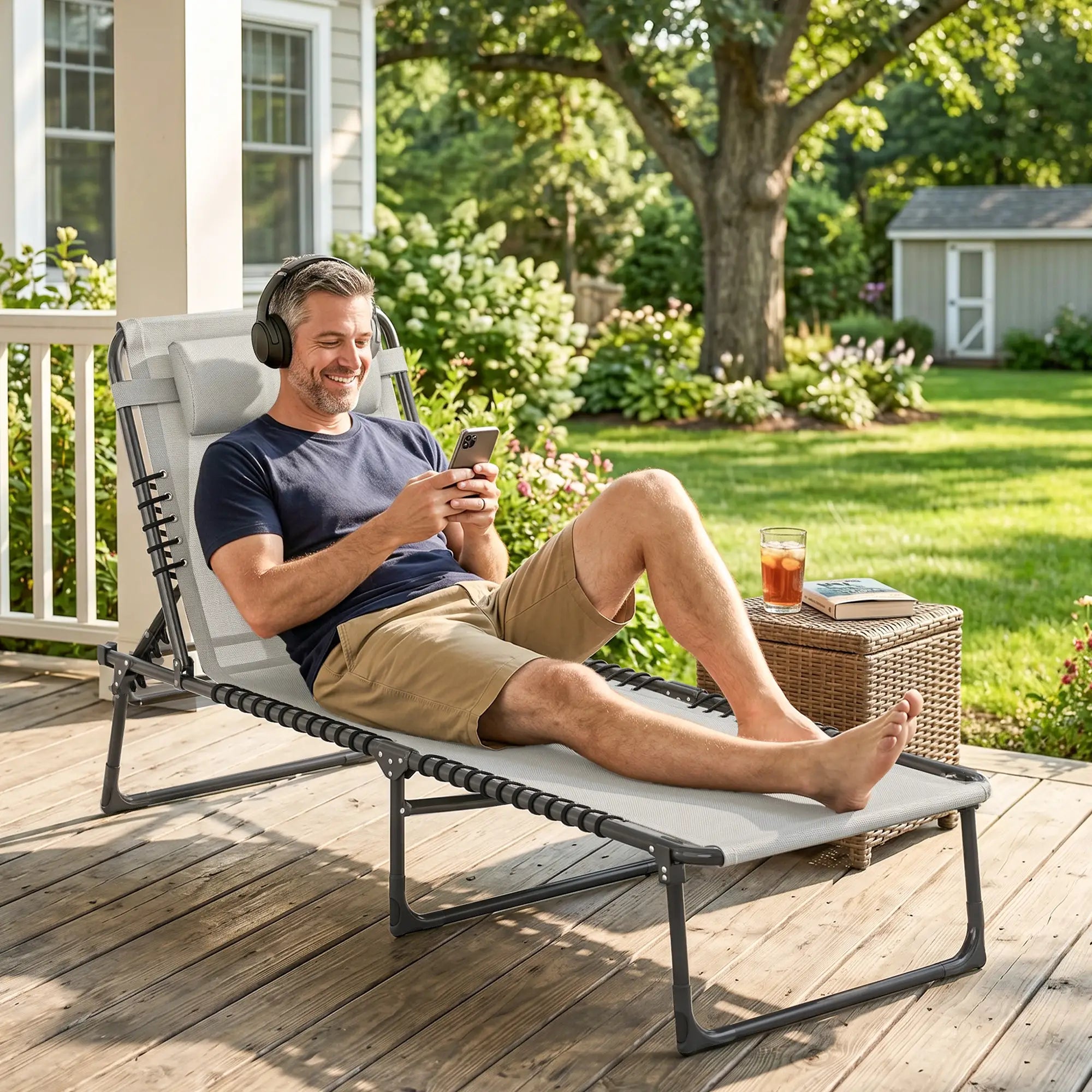 Outdoor Folding Lounge Chair, 4-Level Adjustable, Cream Lounger Chairs at Gallery Canada