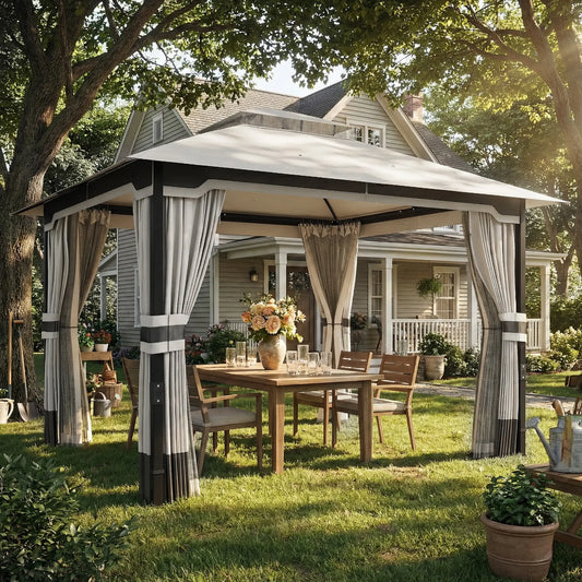 10' x 12' Patio Gazebo, Double Roof Canopy Shelter, Steel Frame, Light Grey Gazebos Light Grey, Beige at Gallery Canada