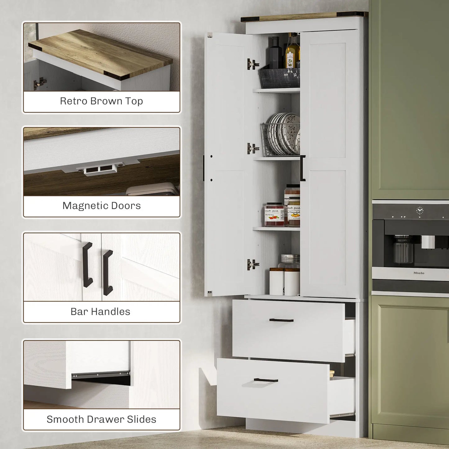 67" Tall Kitchen Pantry Cabinet, Doors, Drawers, Adjustable Shelves, Cream White Kitchen Pantry Cabinets at Gallery Canada