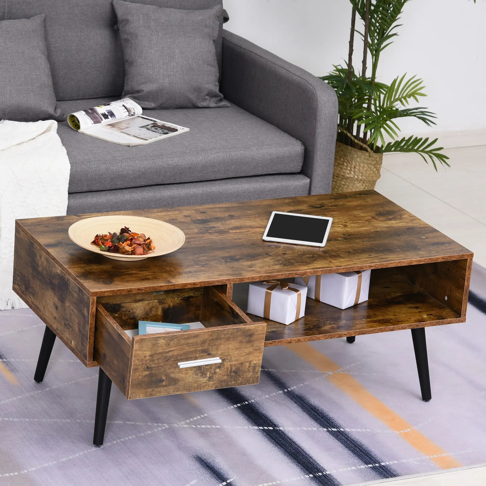 Retro Coffee Table with Storage, Vintage Wooden Side Table, Rustic Brown, Brown Coffee Tables at Gallery Canada