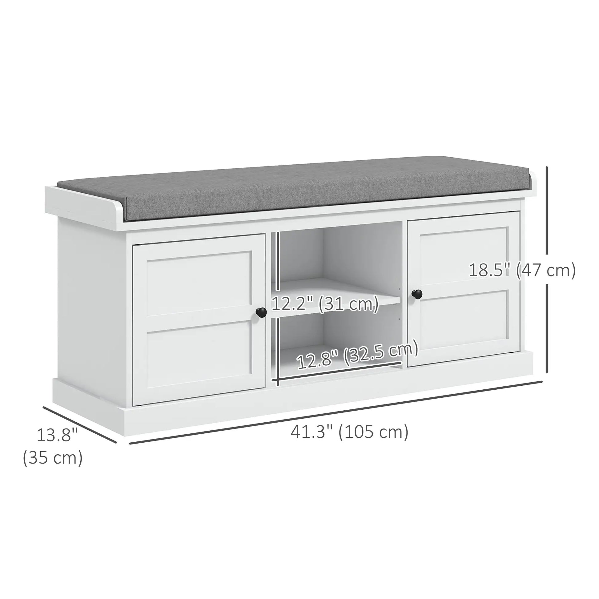 Shoe Storage Bench with Cushioned Seat, 2 Cabinets, Adjustable Shelf, White Shoe Storage Cabinets & Racks at Gallery Canada