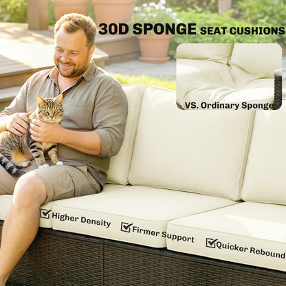3 Seater Outdoor Sofa, PE Wicker Patio Furniture, 4" Cushions, Cream White Patio Furniture Sets at Gallery Canada