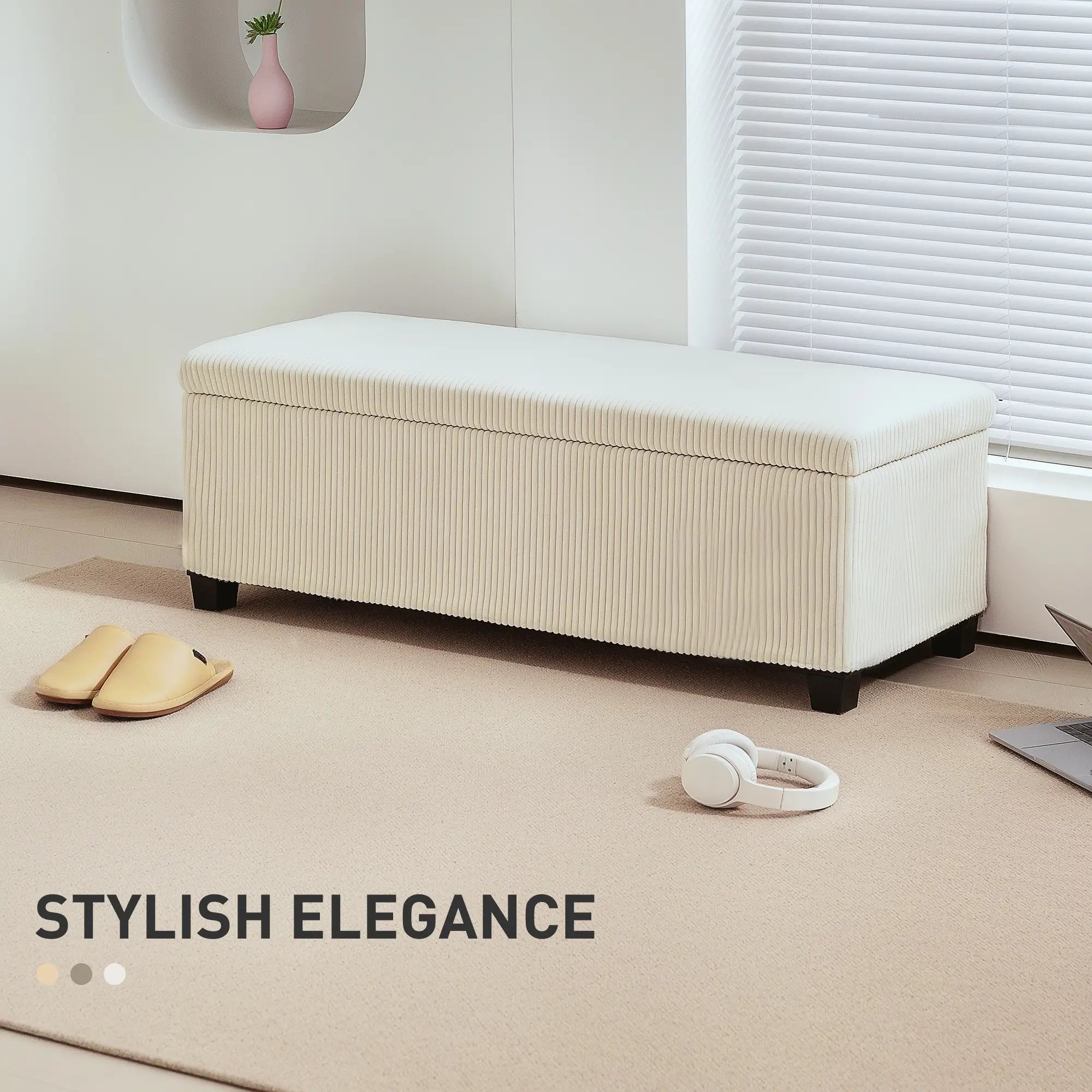 44 Inches Ottoman with Storage, Lid, Legs, Corduroy Bench, Beige Storage Ottomans & Benches at Gallery Canada