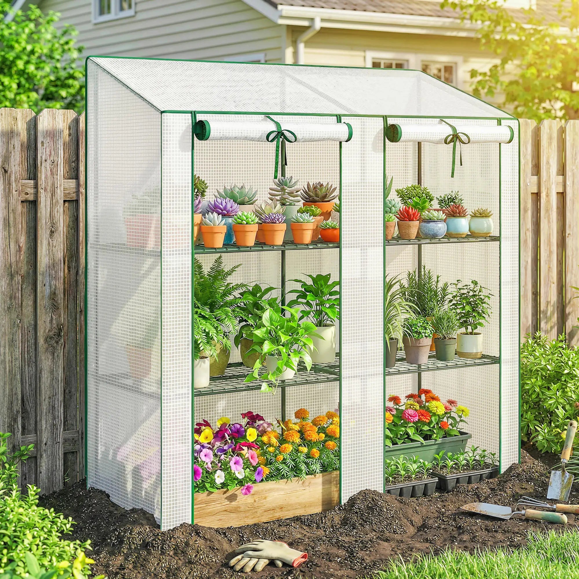 Portable Mini Greenhouse, 3 Tier Shelves, Reinforced PE Cover, 56.3