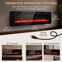 Electric Fireplace 60", Recessed Wall Mounted, Freestanding, Black