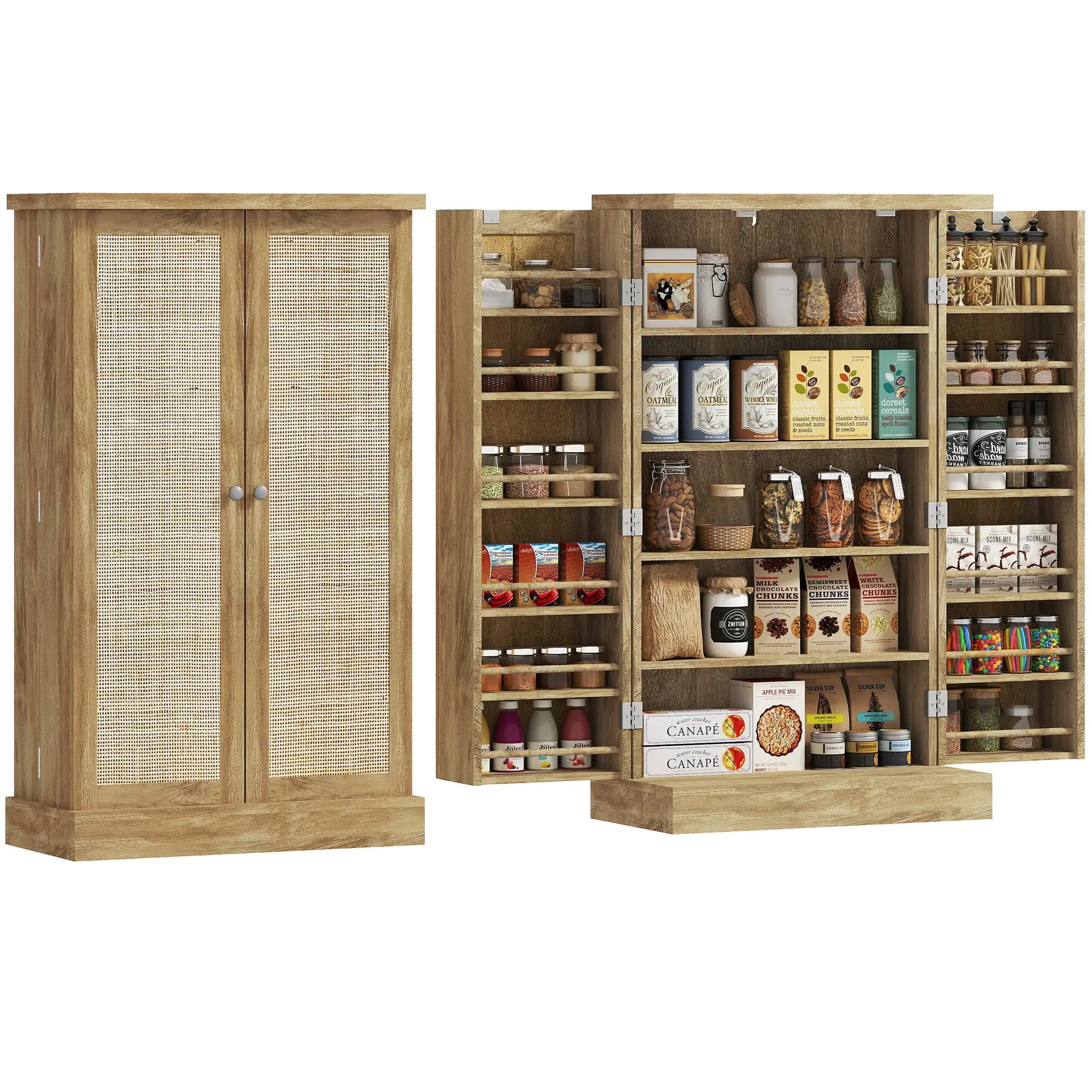 41" Rattan Kitchen Storage Cabinet, 5-Tier Shelf, 12 Spice Racks, Adjustable Shelves, Natural Kitchen Pantry Cabinets at Gallery Canada