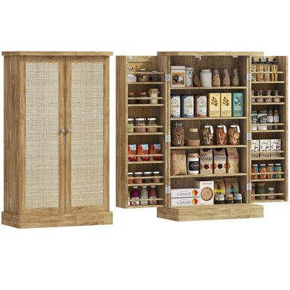 41" Rattan Kitchen Storage Cabinet, 5-Tier Shelf, 12 Spice Racks, Adjustable Shelves, Natural Kitchen Pantry Cabinets at Gallery Canada
