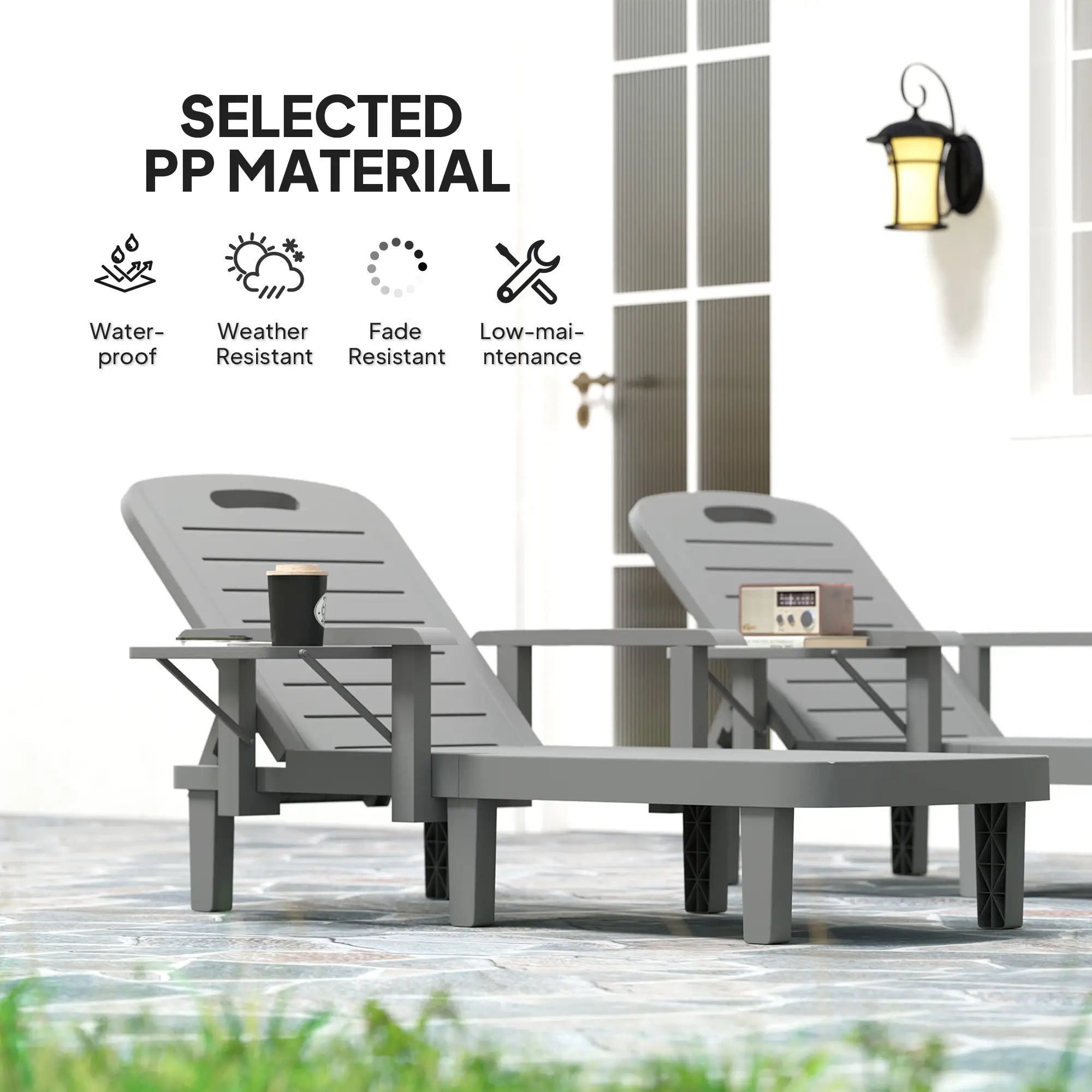 2 Tanning Chairs, 5 Position Adjustable, Foldable Side Table, Dark Grey Lounger Chairs at Gallery Canada