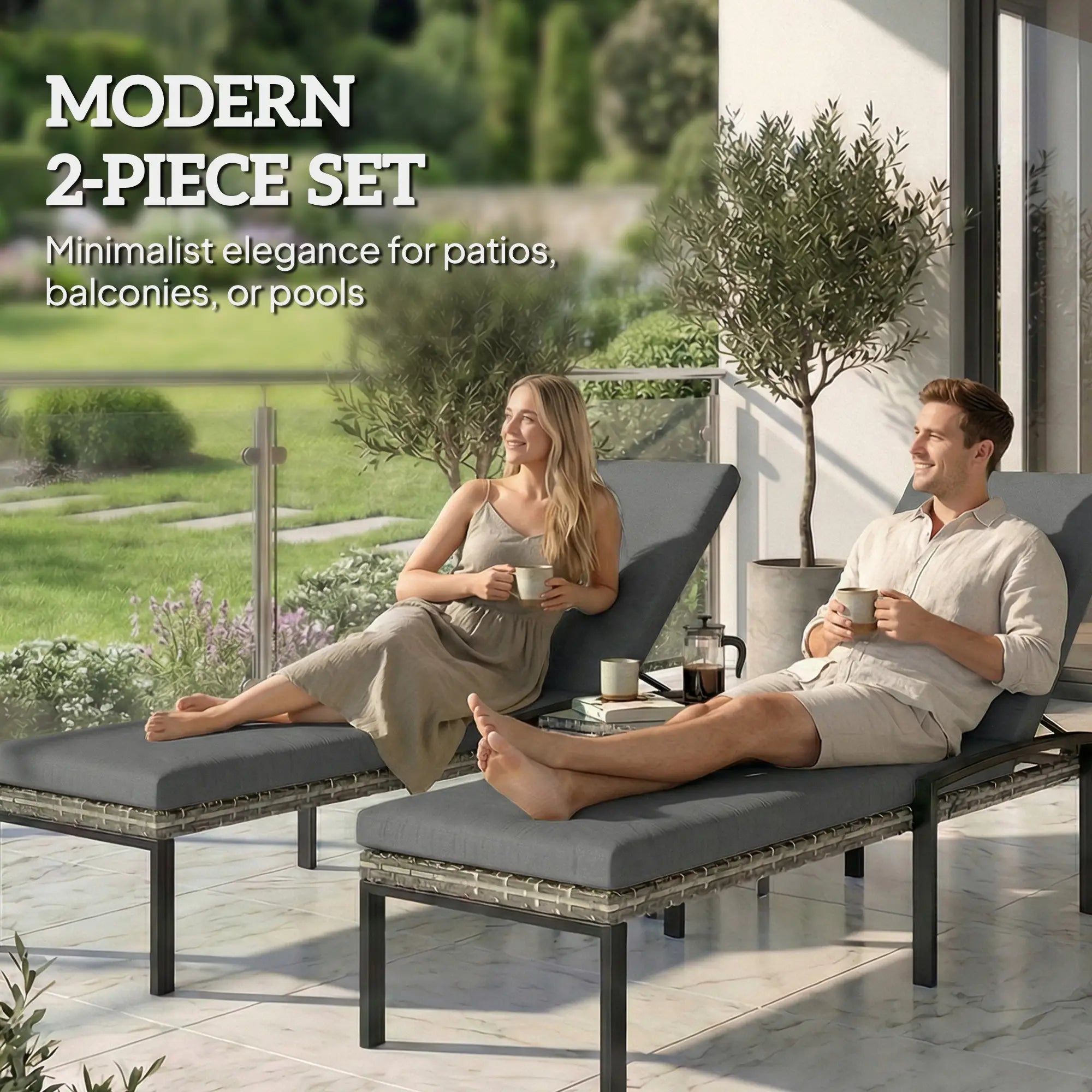 Outdoor Chaise Lounge Chairs, Set of 2 Wicker Patio Chairs, 5-Level Adjustable Backrest Wicker Chaise Loungers at Gallery Canada