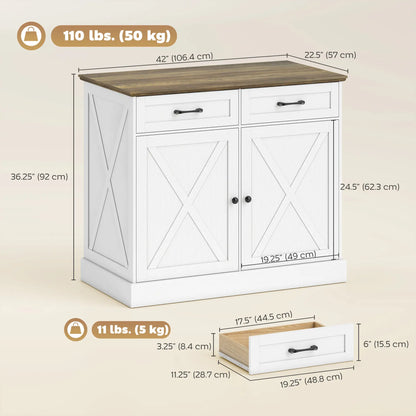 Kitchen Island with Sitting Space, Sideboard Cabinet with 2 Drawers and 2 Adjustable Shelves for Dining Room, White Kitchen Islands & Kitchen Carts at Gallery Canada