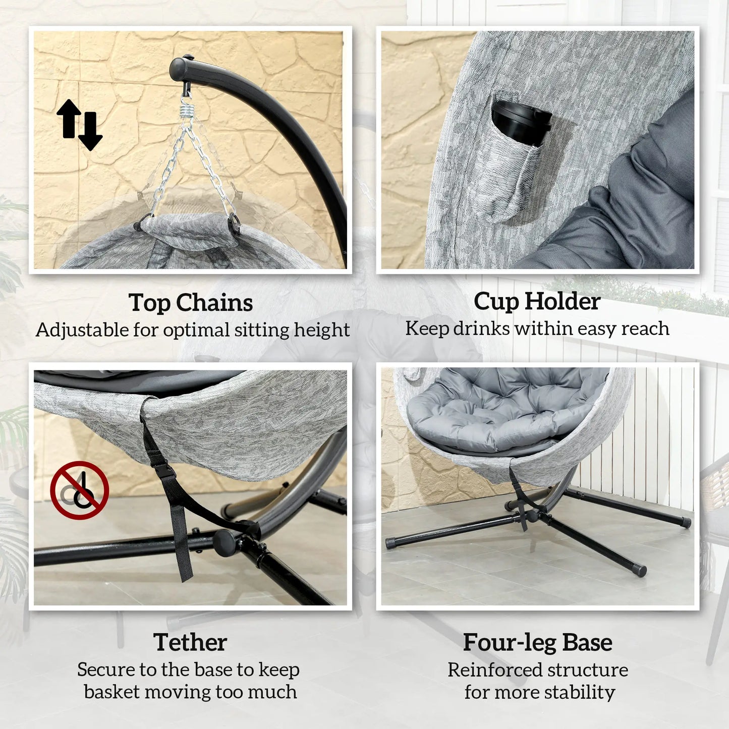 Egg Chair, Folding Basket, Hanging Swing with Stand, Cushions, Grey Patio Swings with Stand at Gallery Canada