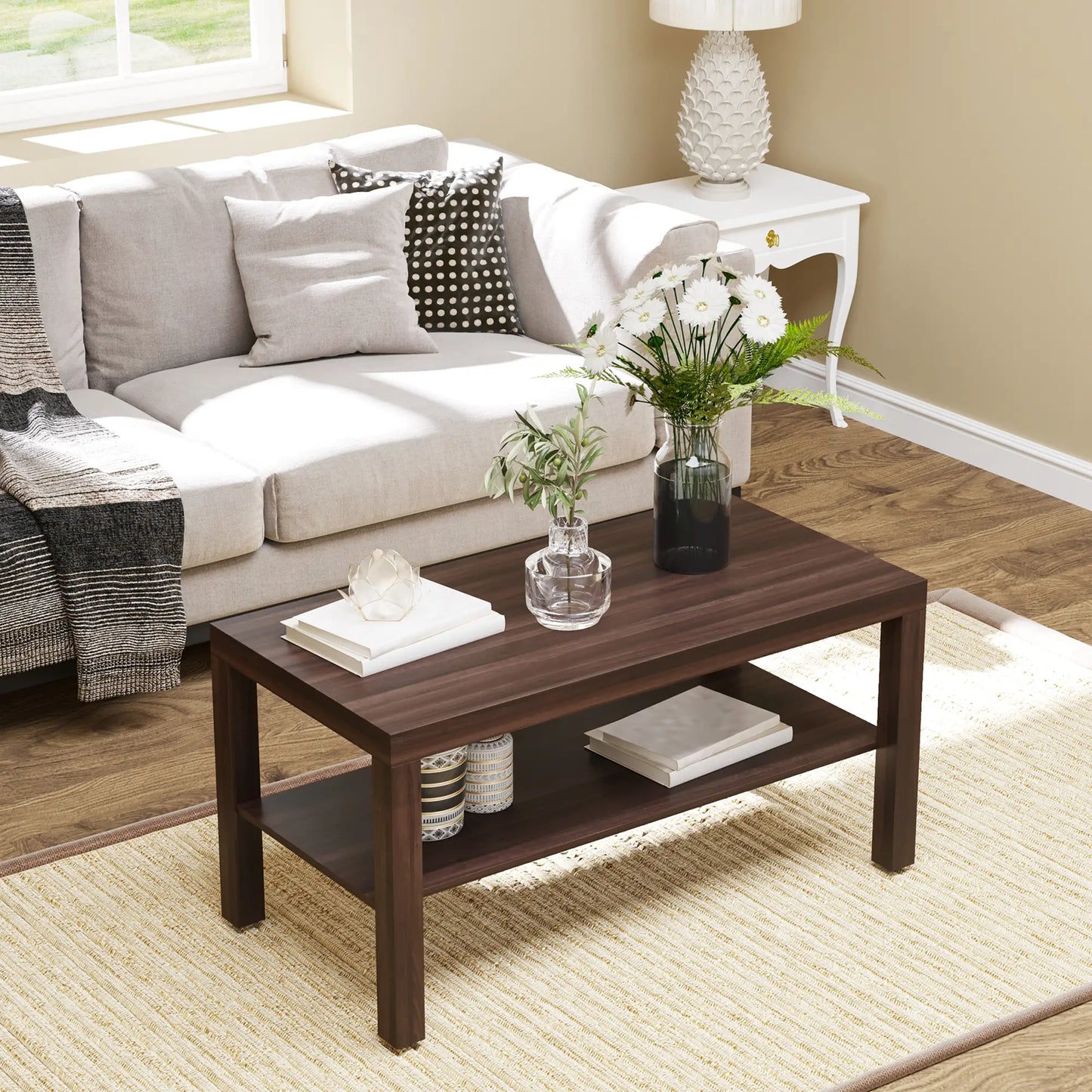 2 Tier Coffee Table with Storage Shelf, Rectangular Center Table for Living Room, Home Office Furniture Walnut Coffee Tables at Gallery Canada