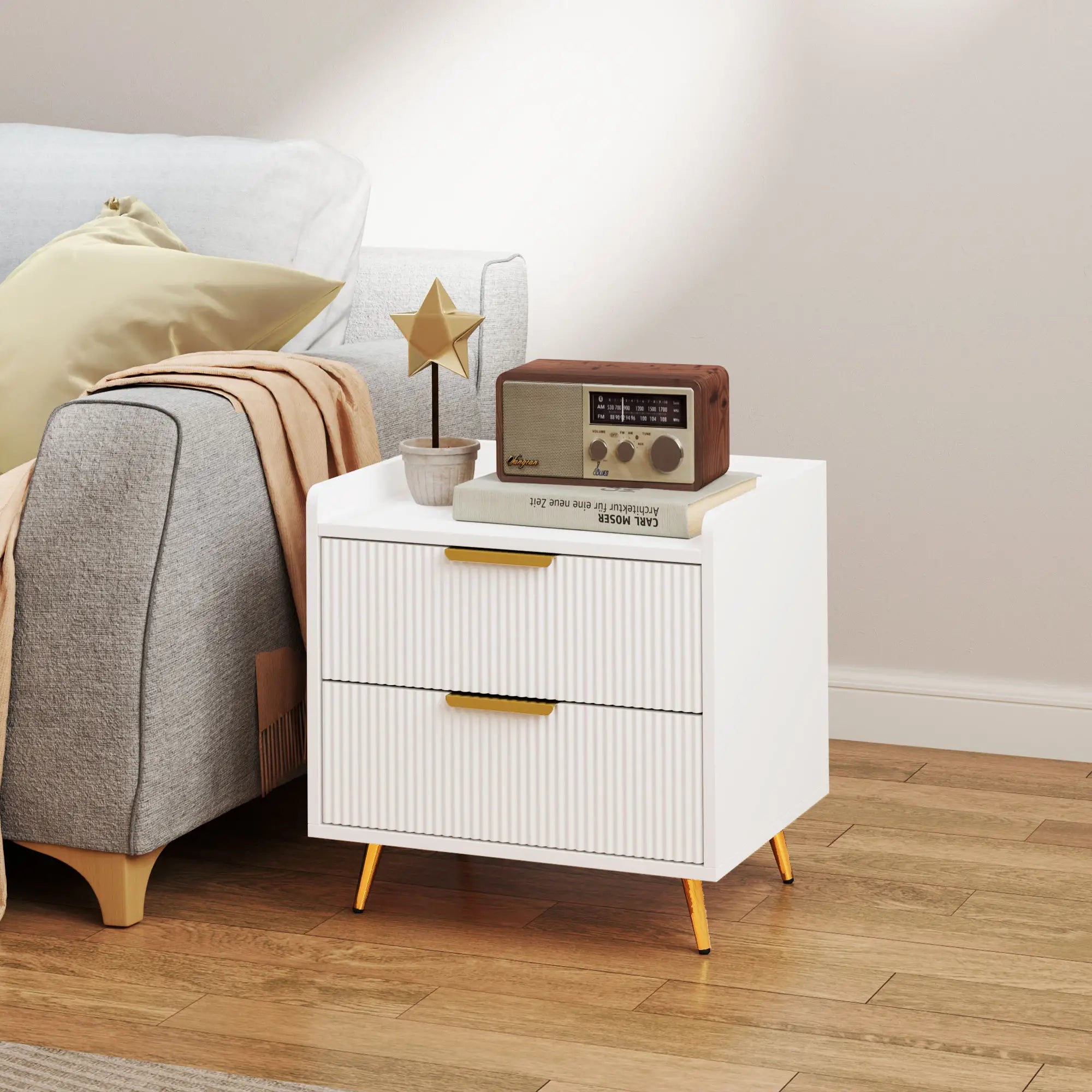 Bedside Table, Nightstand with 2 Drawers, Metal Legs, White Bedside Tables at Gallery Canada
