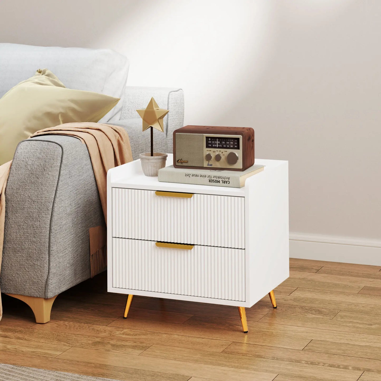 Bedside Table, Nightstand with 2 Drawers, Metal Legs, White Bedside Tables at Gallery Canada