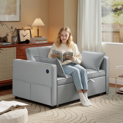 3-In-1 Convertible Sofa Bed, Pull Out Sleeper, Adjustable Backrest, Light Grey
