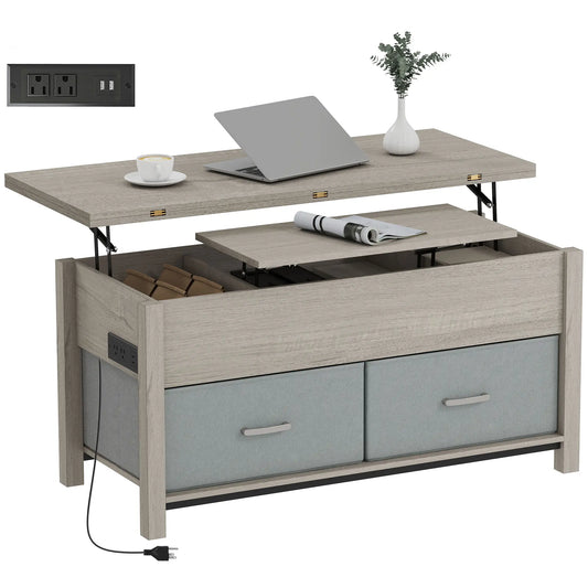 Lift Top Coffee Table, 3 Hidden Compartments, 2 Fabric Drawers, Expandable Top, Charging Station Coffee Tables Dark Grey at Gallery Canada
