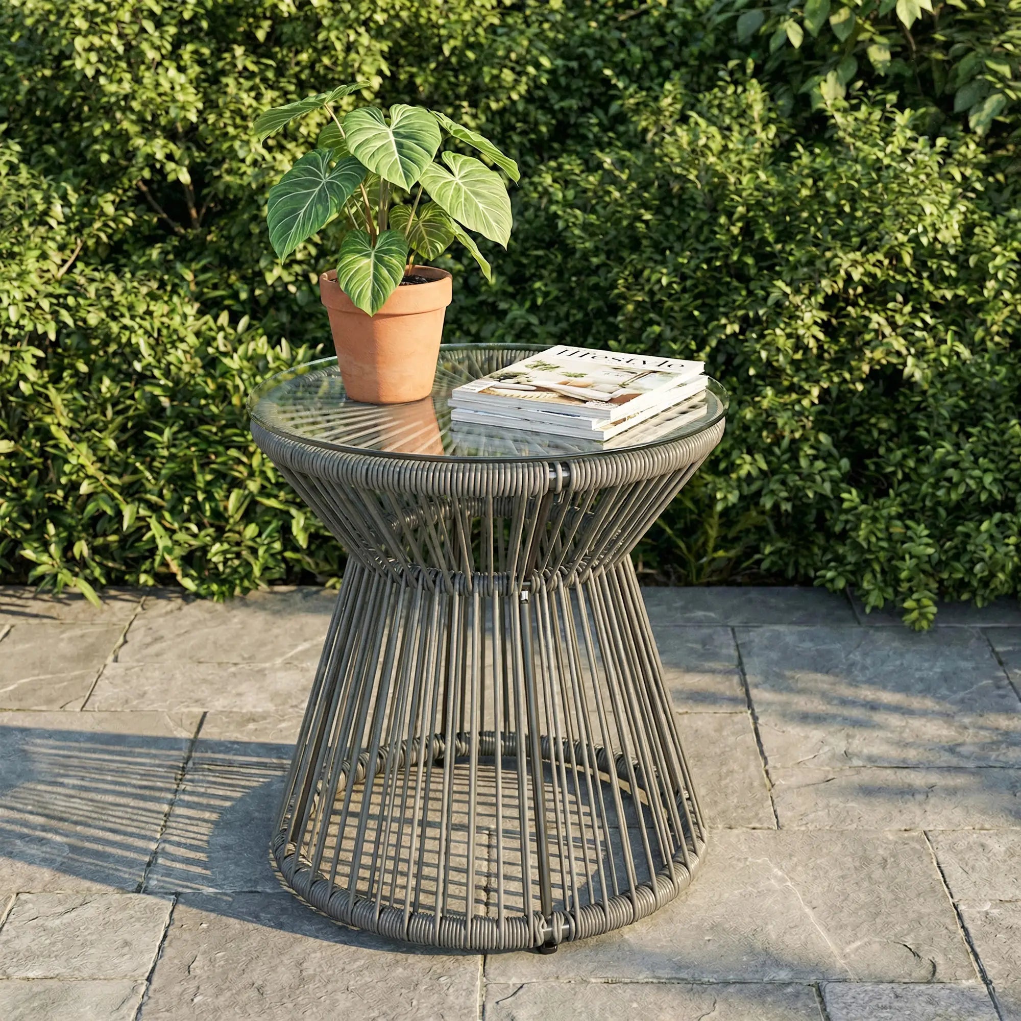 Round Rattan End Table, Hollow Drum Design, Glass Top, Dark Grey Patio Side Tables at Gallery Canada