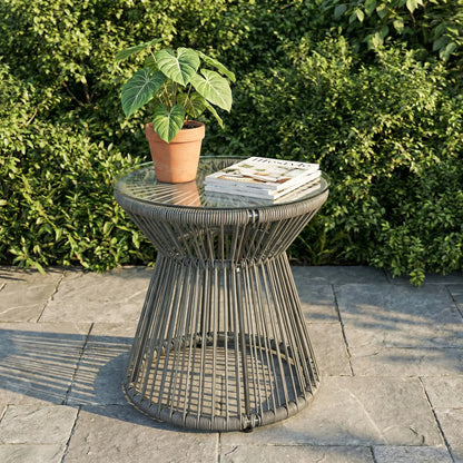 Round Rattan End Table, Hollow Drum Design, Glass Top, Dark Grey Patio Side Tables at Gallery Canada