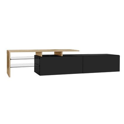 TV Cabinet With Glass Shelves, LED Lighting, 67" L x 13" W x 13" H, Natural, Black TV Stands at Gallery Canada