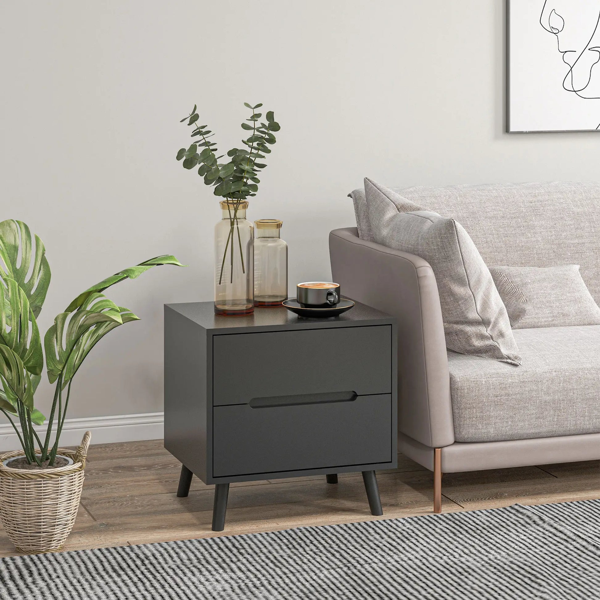 Modern Nightstand, Night Table with 2 Drawers, Bed End Table with Solid Wood Legs for Bedroom Bedside Tables at Gallery Canada