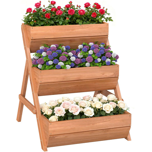 3 Tier Elevated Planter Box, Wooden Raised Garden Bed, 26" x 30" x 30", Brown Elevated Garden Beds Brown at Gallery Canada