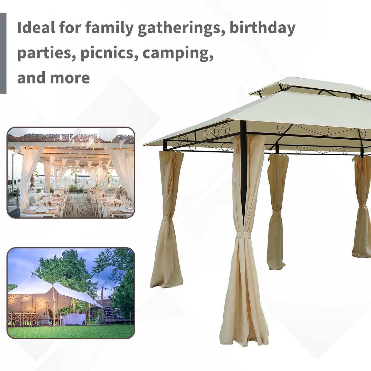 13' x 10' Soft-top Gazebo Patio Steel Canopy Portable Party Event with Double Canopy Roof, Curtains, Cream White Gazebos at Gallery Canada