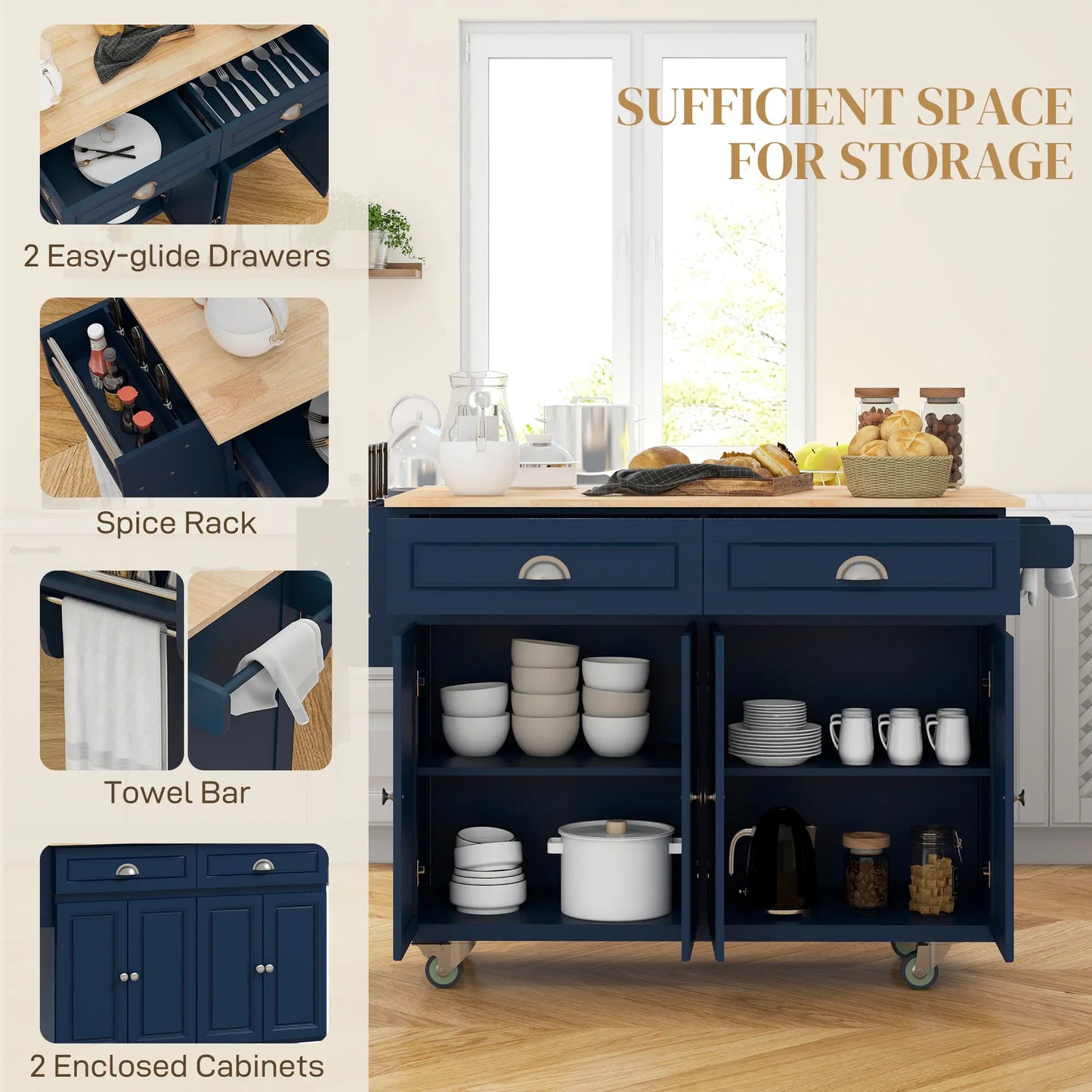 Kitchen Island with Storage, Drop Leaf, Rubber Wood Top, Navy Blue Kitchen Islands & Kitchen Carts at Gallery Canada