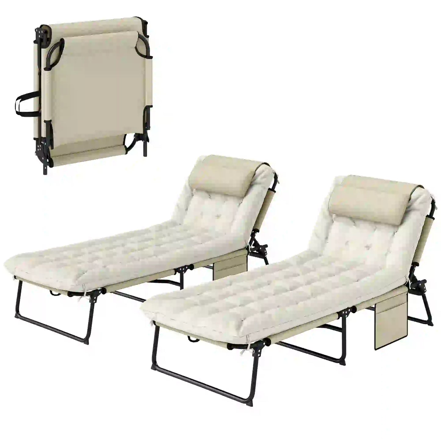 2-Piece Folding Lounge Chairs, Adjustable Backrest, Cushion, Side Pocket, Headrest, Beige Lounger Chairs at Gallery Canada